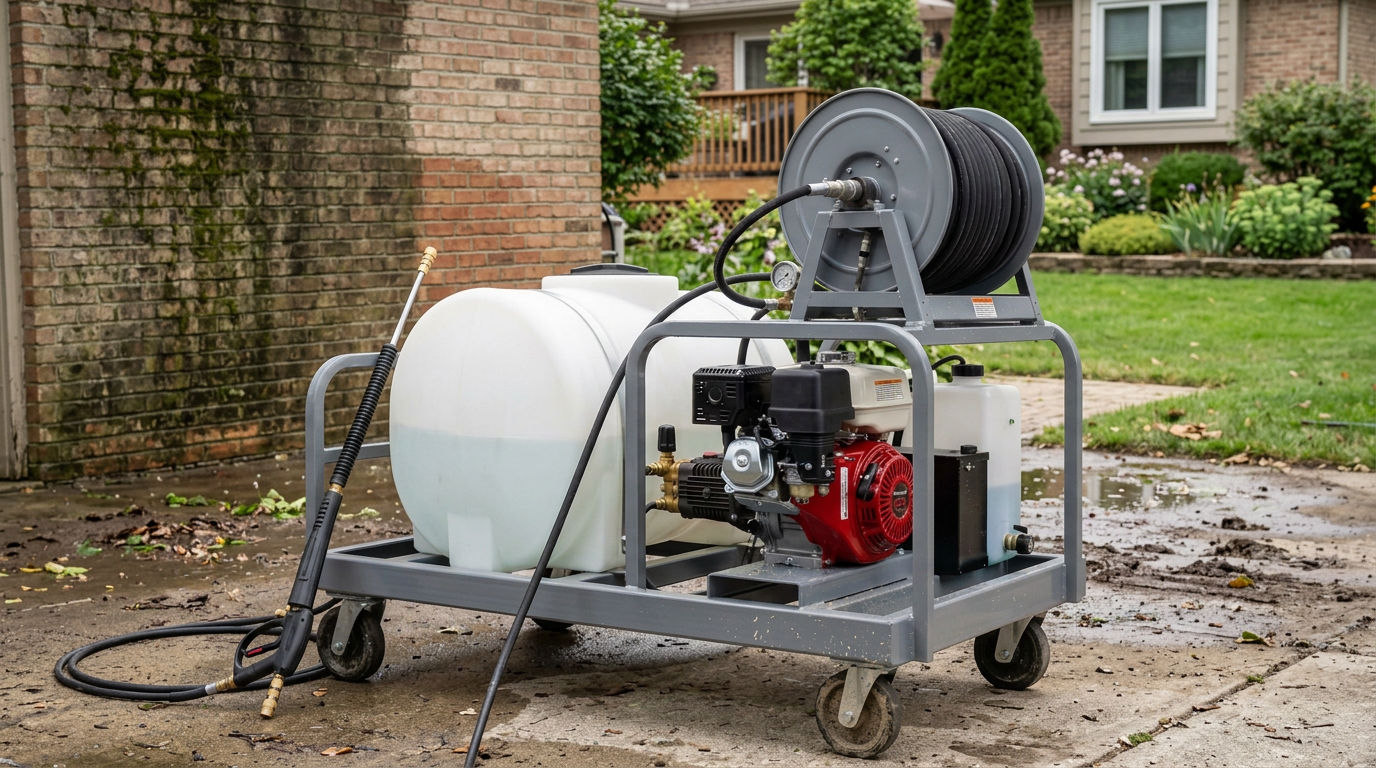 Pressure Washing Equipment in a residential neighborhood